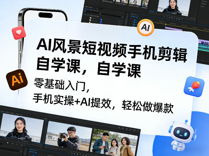 AI风景短视频手机剪辑自学课，零基础入门，手机实操+AI提效，轻松做爆款-洛柒笔记