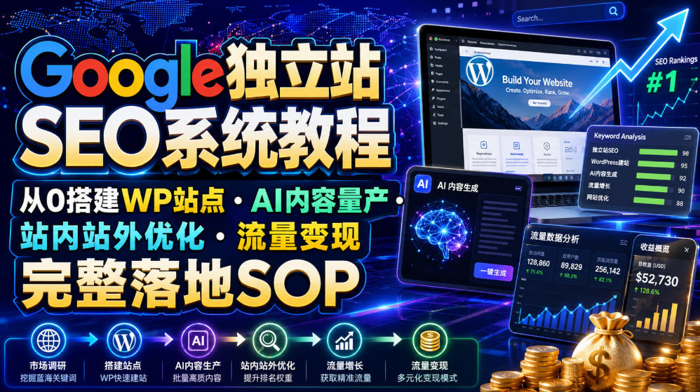 Google独立站SEO系统教程，从0搭建WP站点・AI内容量产・站内站外优化・流量变现完整落地SOP（2026年7月）-洛柒笔记
