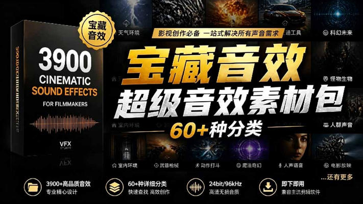 宝藏音效合集包！60+多种音效分类，共计3900个，分类清晰，全中文分类，高品质剪辑音效素材包