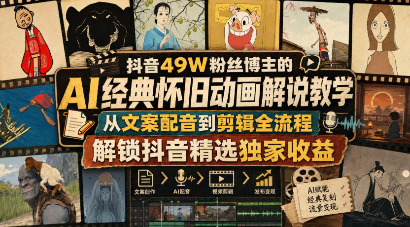 抖音49W粉丝博主的AI经典怀旧动画解说教学，从文案配音到剪辑全流程，解锁抖音精选独家收益-洛柒笔记