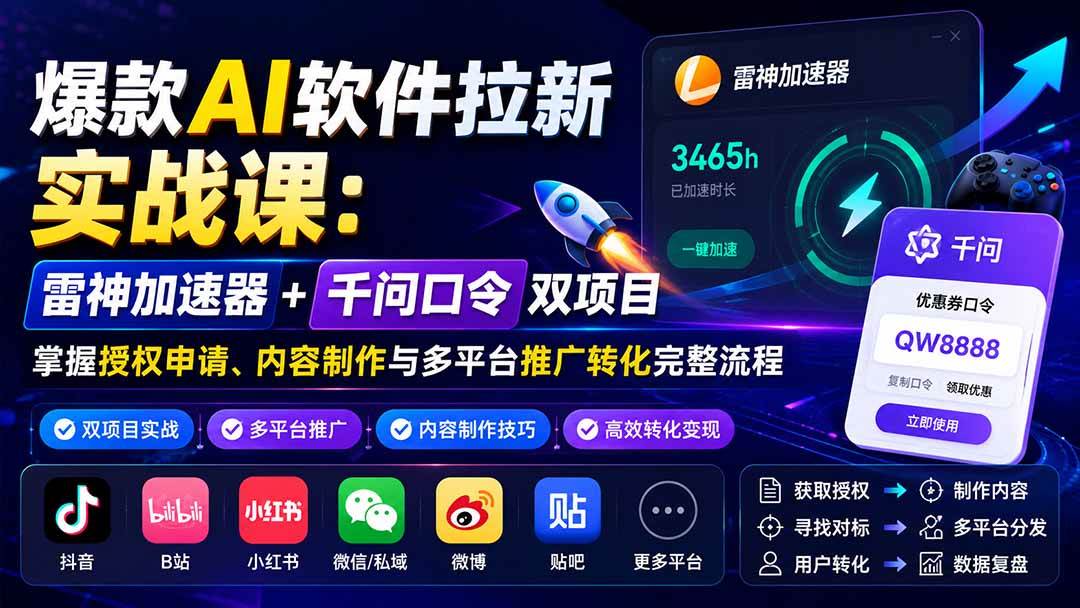 （20230期）爆款AI软件拉新实战课：雷神加速器+千问口令双项目，掌握授权申请、内容制作与多平台推广转化完整流程-洛柒笔记