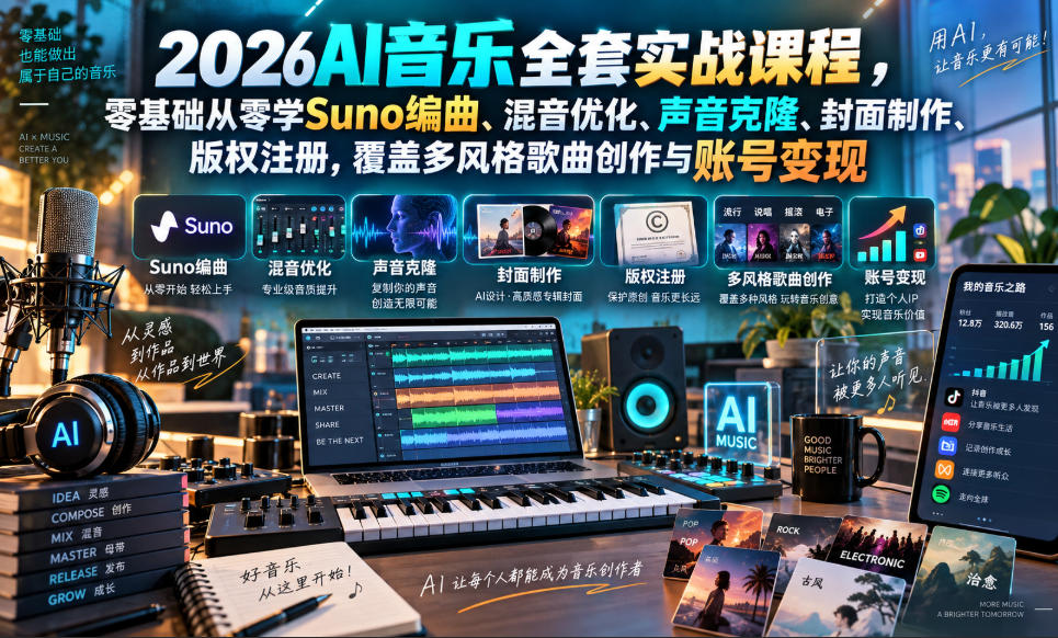 2026AI音乐实战课程，零基础从零学Suno编曲、混音优化、声音克隆、版权注册，覆盖多风格歌曲创作与账号变现-洛柒笔记