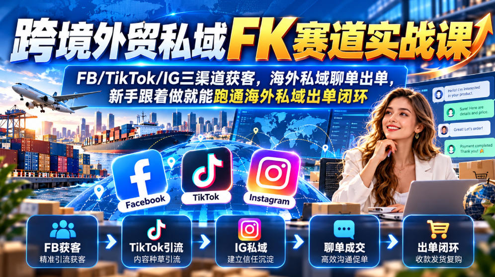 跨境外贸私域FK赛道实战课｜FB/TikTok/IG三渠道获客，海外私域聊单出单，新手跟着做就能跑通海外私域出单闭环-洛柒笔记