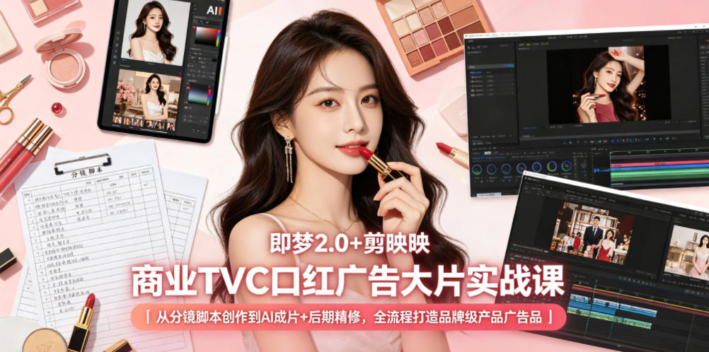 即梦2.0+剪映商业TVC口红广告大片实战课｜从分镜脚本创作到AI成片+后期精修，全流程打造品牌级产品广告-洛柒笔记