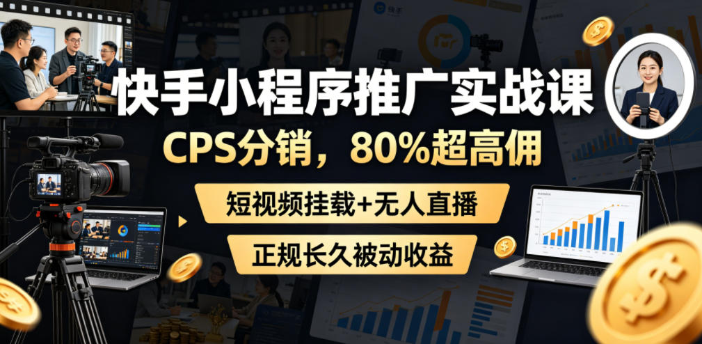 快手小程序推广实战课，CPS分销，80%超高佣，短视频挂载+无人直播，正规长久被动收益-洛柒笔记