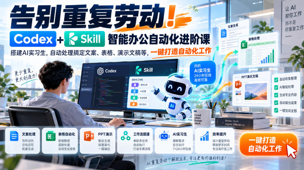 告别重复劳动！Codex+Skill智能办公自动化进阶课｜搭建AI实习生，自动处理搞定文案、表格、演示文稿等，一键打造自动化工作-洛柒笔记