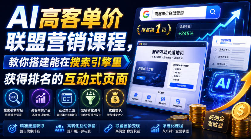 AI高客单价联盟营销课程，教你搭建能在搜索引擎里获得排名的互动式页面，引来流量，把访客转化为高佣金的成交【原创双语字幕】-洛柒笔记