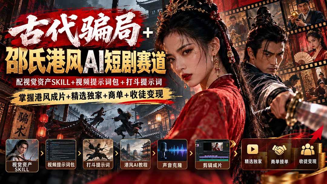 （20684期）古代骗局+邵氏港风AI短剧赛道：配视觉资产SKILL+视频提示词包+打斗提示词，掌握港风成片+精选独家+商单+收徒变现-洛柒笔记