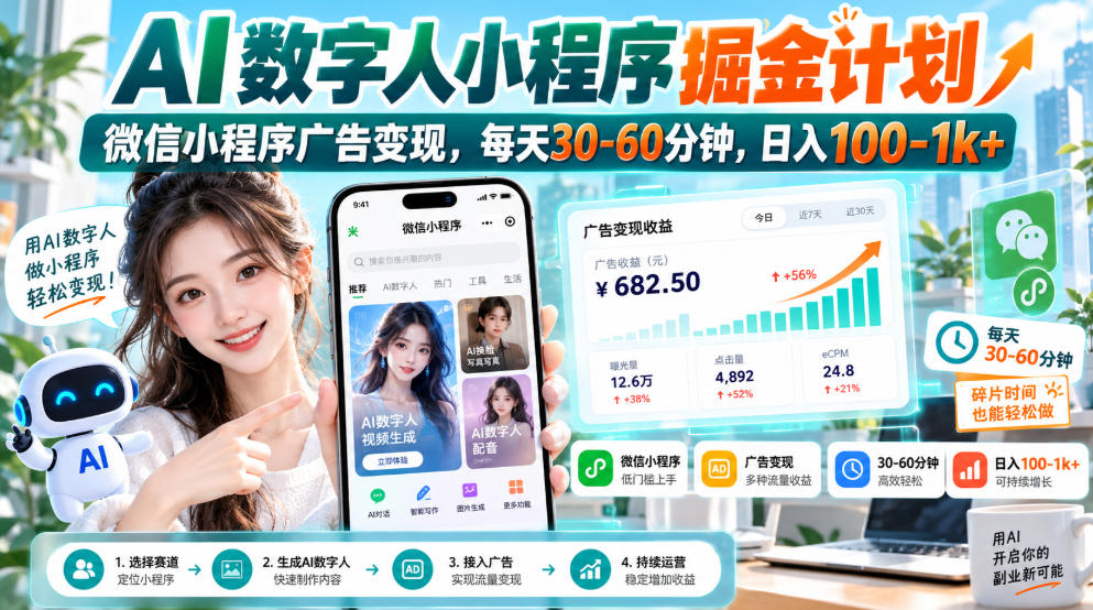 【无水印】AI数字人小程序掘金计划，微信小程序广告变现，每天30‑60分钟，日入100‑1k+-洛柒笔记