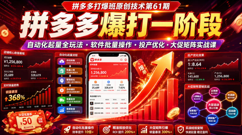 拼多多打爆班原创技术第61期，拼多多爆打一阶段，自动化起量全玩法・软件批量操作・投产优化・大促矩阵实战课-洛柒笔记