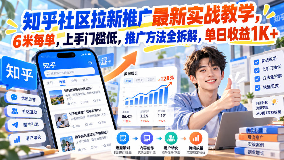 知乎社区拉新推广最新实战教学，6米每单，上手门槛低，推广方法全拆解，单日收益1K+！-洛柒笔记