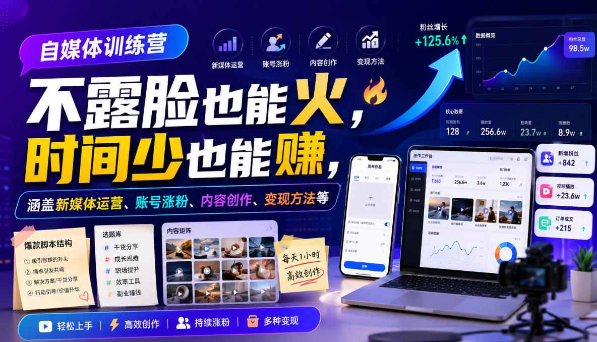 自媒体训练营，不露脸也能火，时间少也能賺，涵盖新媒体运营、账号涨粉、内容创作、变现方法等-洛柒笔记