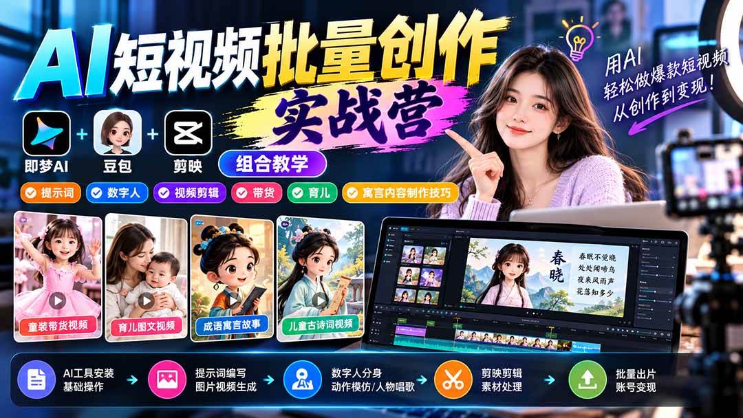 （21039期）【无水印】AI短视频批量创作实战营：即梦+豆包+剪映组合教学，提示词/数字人/视频剪辑/带货/育儿/寓言内容制作技巧-洛柒笔记