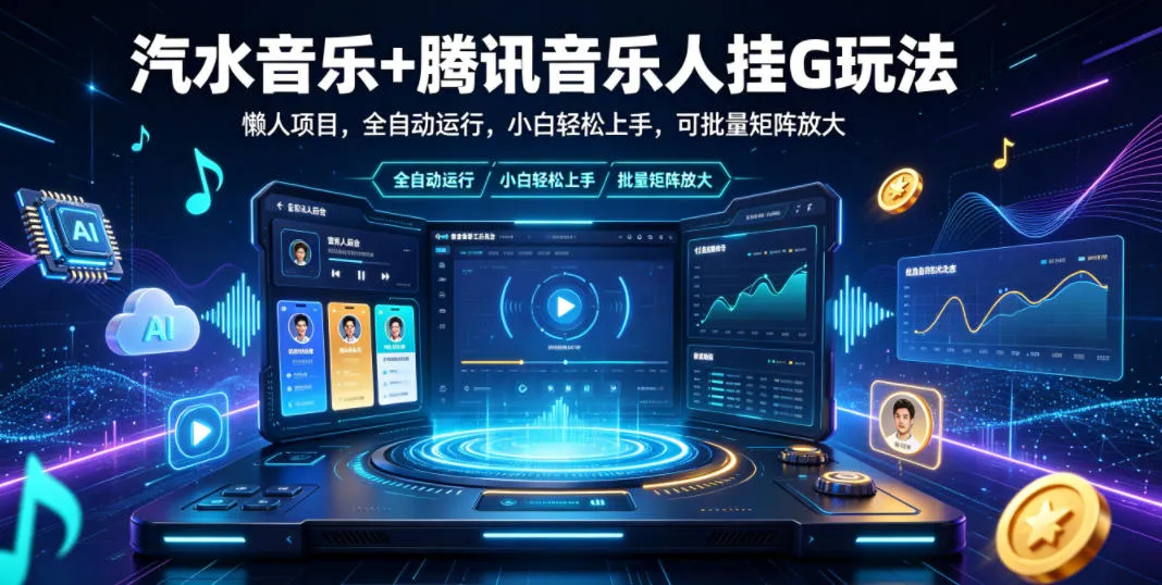 汽水音乐+腾讯音乐人挂G玩法，懒人项目，全自动运行，小白轻松上手，可批量矩阵放大-洛柒笔记