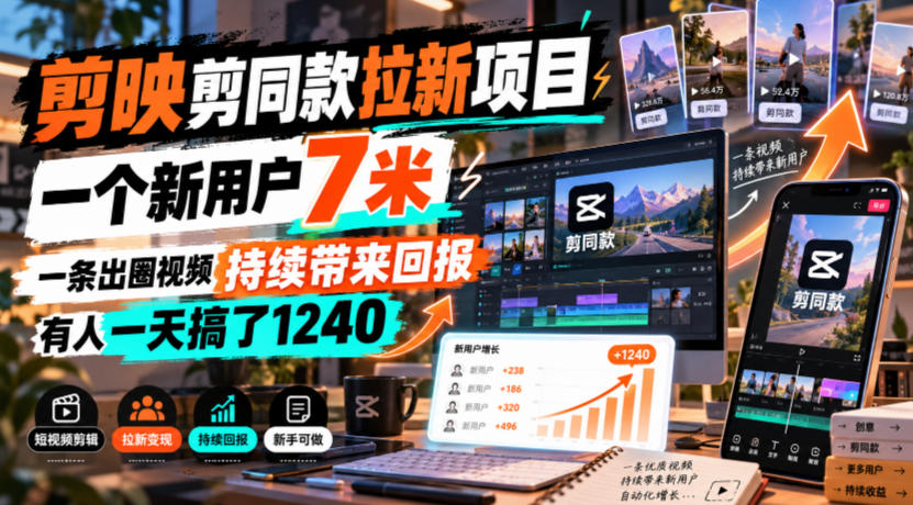 剪映剪同款拉新项目，一个新用户7米，一条出圈视频持续带来回报，有人一天搞了1240-洛柒笔记