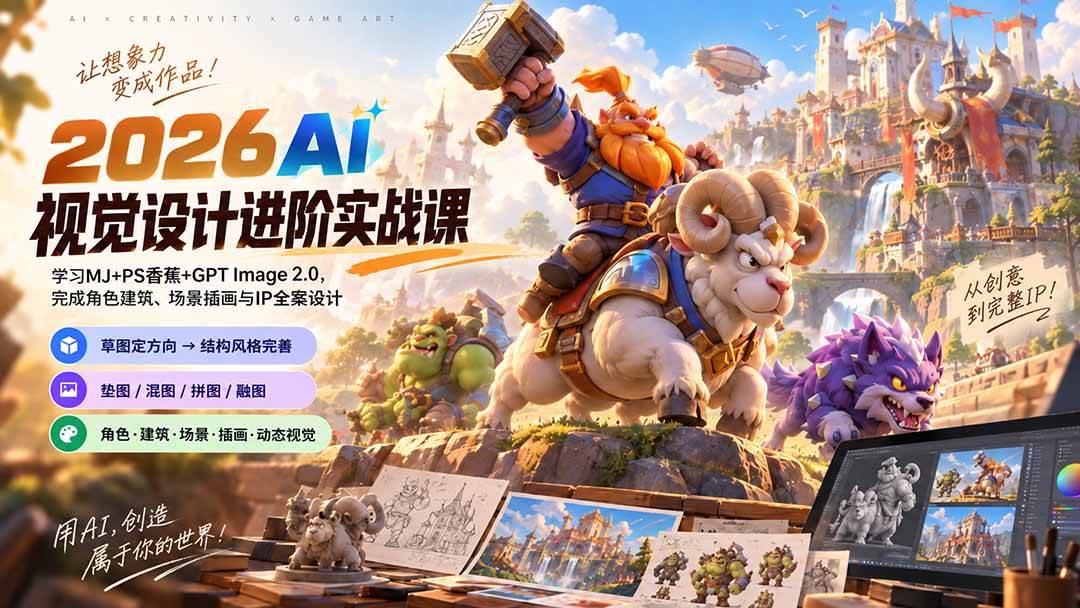 （20424期）2026AI视觉设计进阶实战课-更新：学习MJ+PS香蕉+GPT Image 2.0，完成角色建筑、场景插画与IP全案设计-洛柒笔记