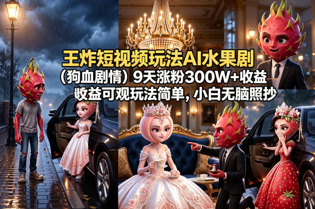 王炸短视频玩法AI水果剧（狗血剧情）9天涨粉300W+收益可观玩法简单，小白无脑照抄，详细拆解玩法-洛柒笔记