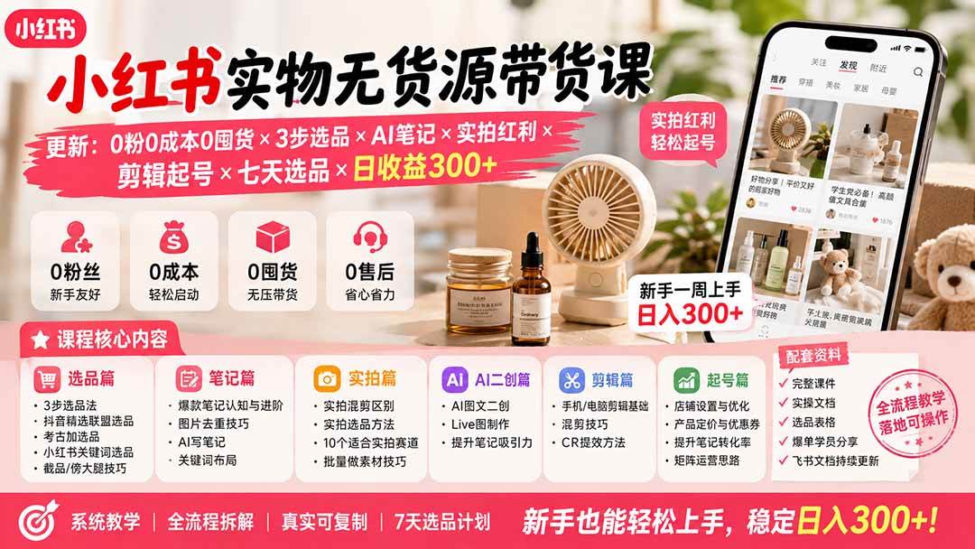 （19840期）小红书实物无货源带货课-更新：0粉0成本0囤货×3步选品×AI笔记×实拍红利×剪辑起号×七天选品×日收益300+-洛柒笔记
