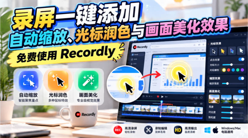 录屏一键添加自动缩放、光标润色与画面美化效果，免费使用Recordly-洛柒笔记
