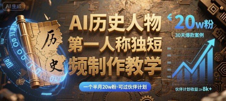最新AI历史人物第一人称独白短视频制作教学，一个半月20w粉，可过伙伴计划-洛柒笔记