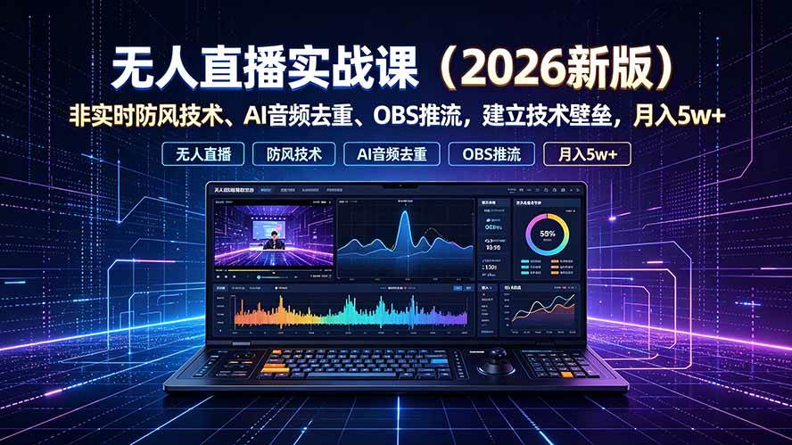 （19292期）无人直播实战课（更新7月），非实时防风技术、AI音频去重、OBS推流，建立技术壁垒，月入5w+-洛柒笔记