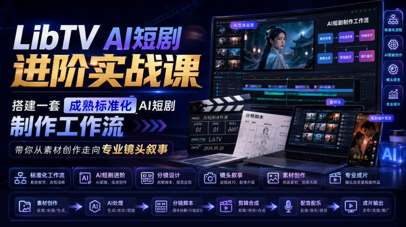 LibTV AI短剧进阶实战课，搭建一套成熟标准化AI短剧制作工作流，带你从素材创作走向专业镜头叙事-洛柒笔记