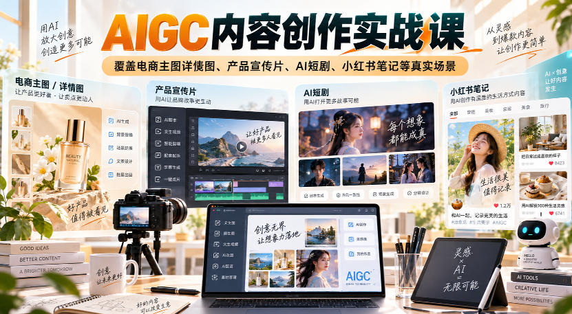 AIGC内容创作实战课，覆盖电商主图详情图、产品宣传片、AI短剧、小红书笔记等真实场景-洛柒笔记
