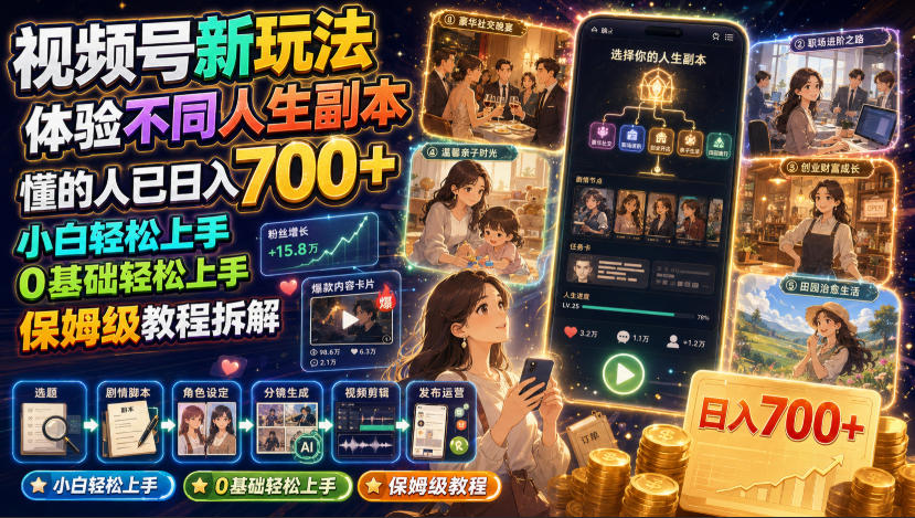 视频号新玩法体验不同人生副本，懂的人已日入700+，小白轻松上手，0基础轻松上手，保姆级教程拆解-洛柒笔记