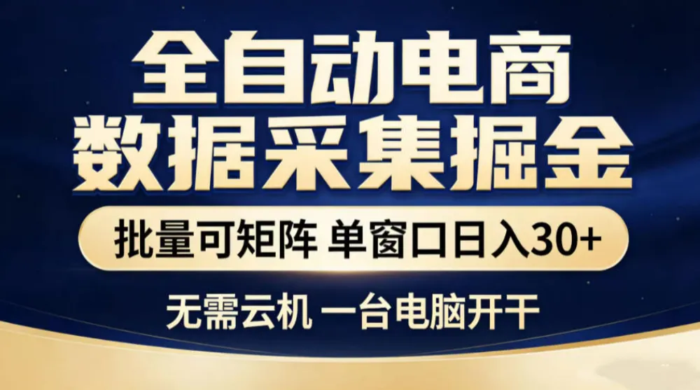 全自动电商数据采集掘金，批量可矩阵单窗口日入30+，无需云机一台电脑开干-洛柒笔记