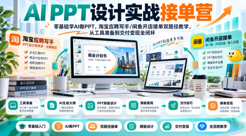 AI PPT设计实战接单营｜零基础学AI做PPT，淘宝应聘写手/闲鱼开店接单双路径教学，从工具准备到交付变现全闭环-洛柒笔记