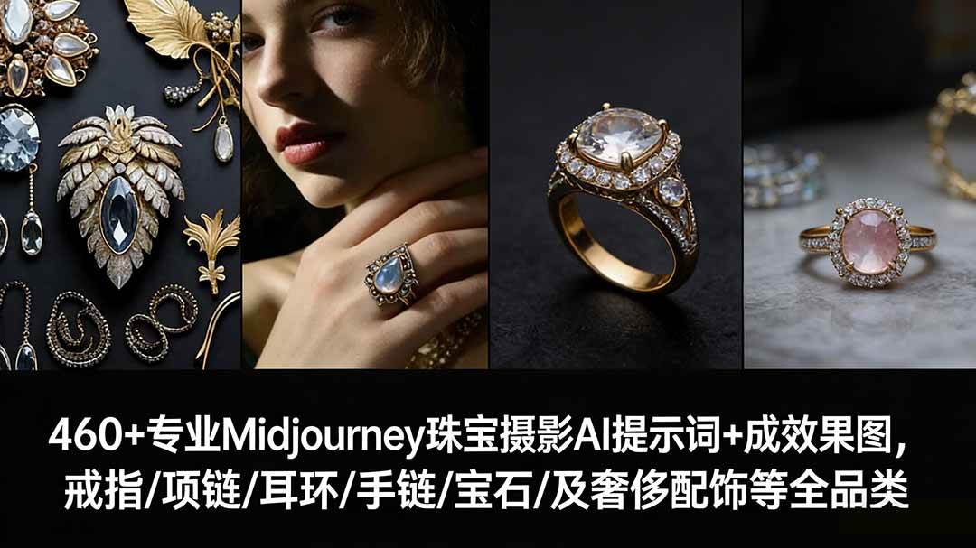 （17272期）460+专业Midjourney珠宝摄影AI提示词+成效果图，戒指/项链/耳环/手链/宝石/及奢侈配饰等全品类-洛柒笔记