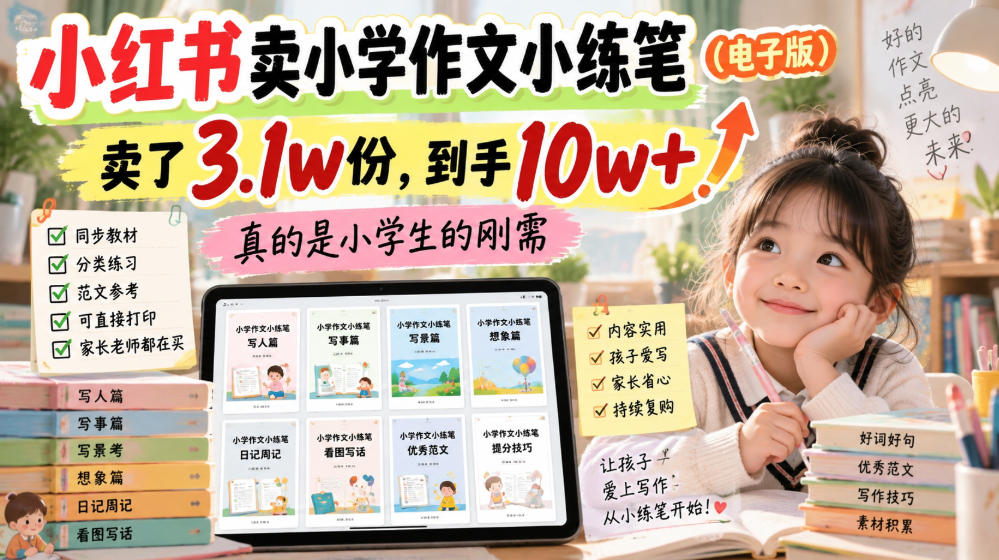 小红书卖小学作文小练笔（电子版），卖了3.1w份，到手10w+，真的是小学生的刚需-洛柒笔记