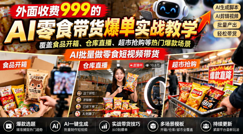外面收费999的AI零食带货爆单实战教学,覆盖食品开箱、仓库直播、超市抢购等热门爆款场景,AI批量做零食短视频带货(更新1018)