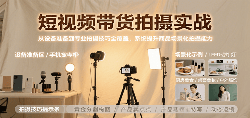 短视频带货拍摄实战，从设备准备到专业拍摄技巧全覆盖，系统提升商品场景化拍摄能力-洛柒笔记