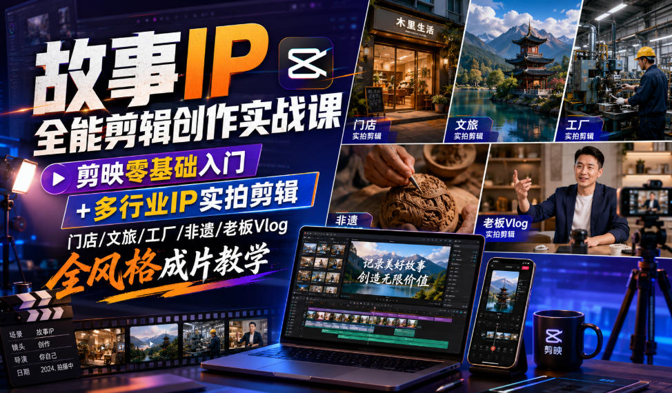 故事IP全能剪辑创作实战课｜剪映零基础入门+多行业IP实拍剪辑，门店/文旅/工厂/非遗/老板Vlog全风格成片教学-洛柒笔记