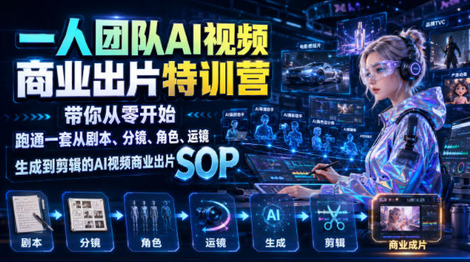 一人团队AI视频商业出片实战课：带你从零开始跑通一套从剧本、分镜、角色、运镜、生成到剪辑的AI视频商业出片SOP-洛柒笔记