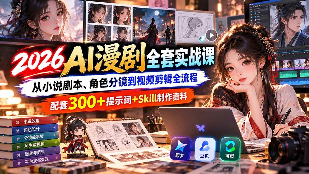 （20629期）2026AI漫剧全套实战课：从小说剧本、角色分镜到视频剪辑全流程，配套300+提示词+Skill制作资料