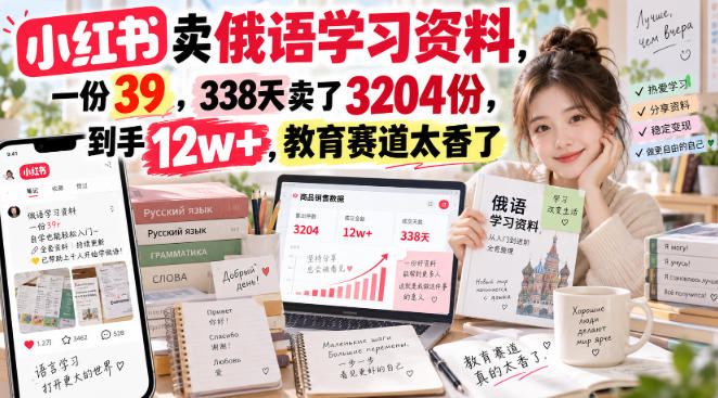 小红书卖俄语学习资料，一份39，338天卖了3204份，到手12w+，教育赛道太香了-洛柒笔记