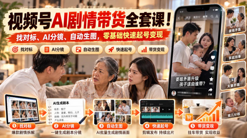 视频号AI剧情带货全套课！找对标、AI分镜、自动生图，零基础快速起号变现-洛柒笔记