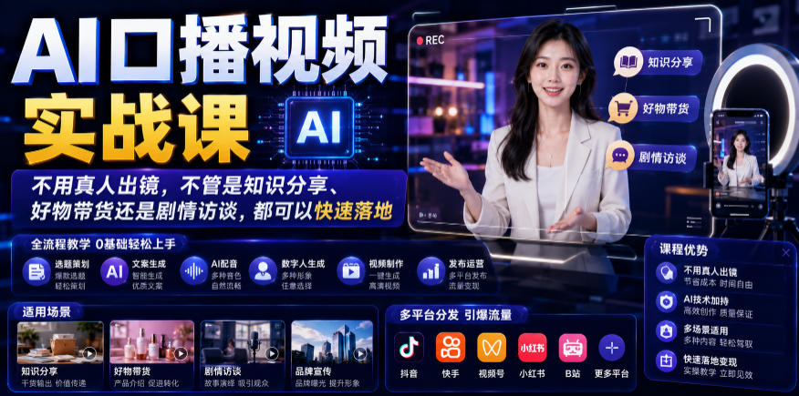 AI口播视频实战课，不用真人出镜，不管是知识分享、好物带货还是剧情访谈，都可以快速落地-洛柒笔记