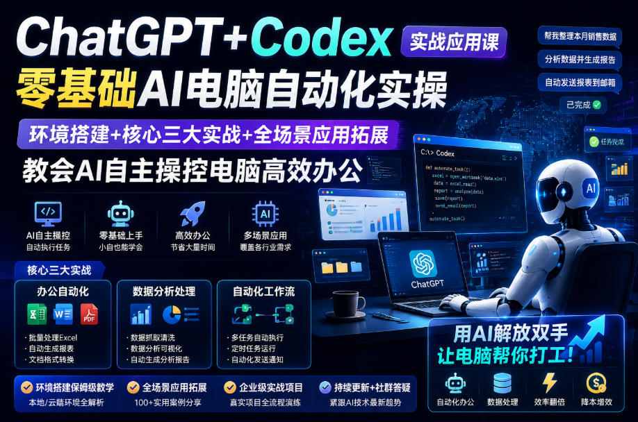 ChatGPT+Codex实战应用课｜零基础AI电脑自动化实操，环境搭建+核心三大实战+全场景应用拓展，教会AI自主操控电脑高效办公-洛柒笔记