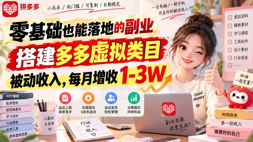 零基础也能落地的副业，搭建多多虚拟类目被动收入，每月增收1-3W【揭秘】-洛柒笔记