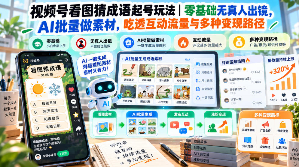 视频号看图猜成语起号玩法｜零基础无真人出镜，AI批量做素材，吃透互动流量与多种变现路径-洛柒笔记
