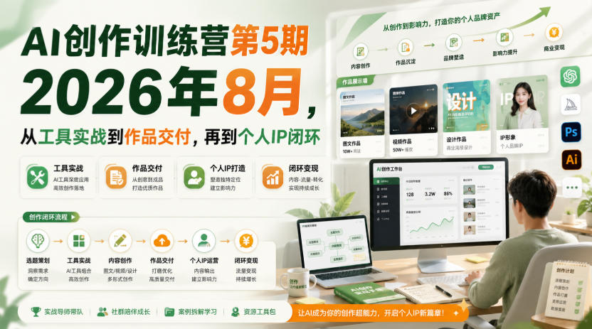 AI创作训练营第5期2026年8月，从工具实战到作品交付，再到个人IP闭环-洛柒笔记