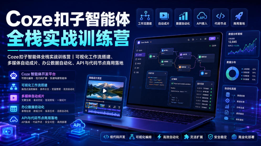 Coze扣子智能体全栈实战训练营｜可视化工作流搭建、多媒体自动成片、办公数据自动化、API与代码节点商用落地-洛柒笔记