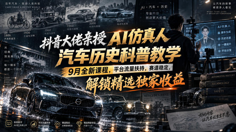 抖音大佬亲授AI仿真人汽车历史科普教学，9月全新课程，平台流量扶持，赛道稳定，解锁精选独家收益-洛柒笔记