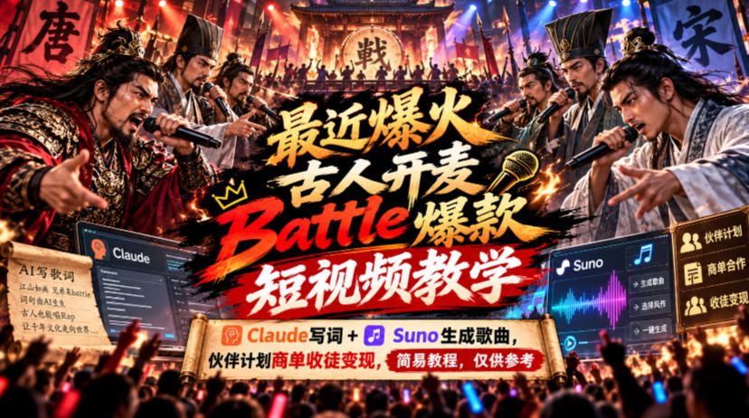 最近爆火古人开麦Battle爆款短视频教学，Claude写词+Suno生成歌曲，伙伴计划商单收徒变现，简易教程，仅供参考-洛柒笔记