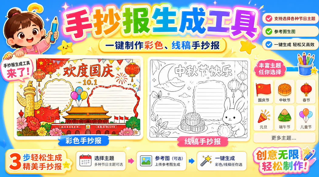 手抄报批量生成工具来了，完全免费，告别豆包生图，高清无水印