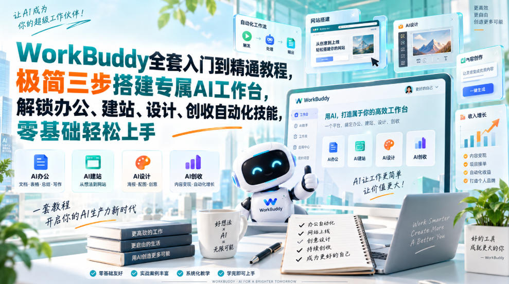 WorkBuddy全套入门到精通教程，极简三步搭建专属AI工作台，解锁办公、建站、设计、创收自动化技能，零基础轻松上手-洛柒笔记