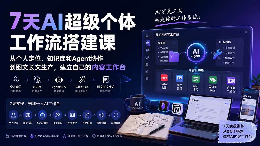 （20190期）7天AI超级个体工作流搭建课：从个人定位、知识库和Agent协作到图文长文生产，建立自己的内容工作台-洛柒笔记